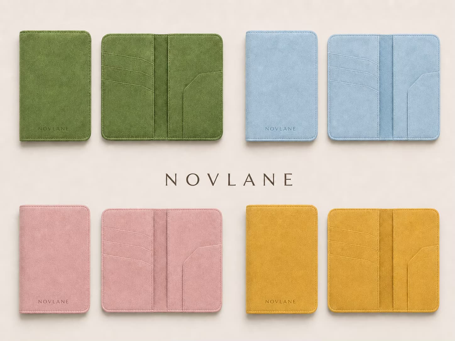 Open and closed NOVLANE Alcantara card holders with multiple interior card slots
