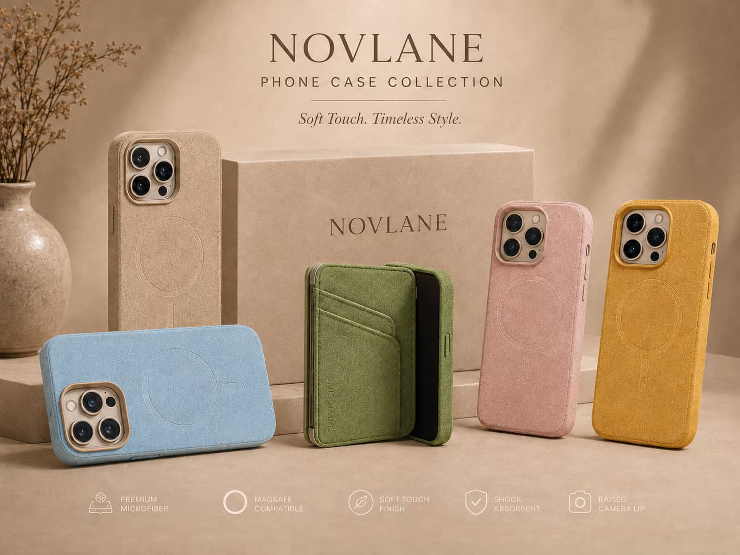 NOVLANE custom Alcantara phone cases in beige, blue, green, pink and yellow
