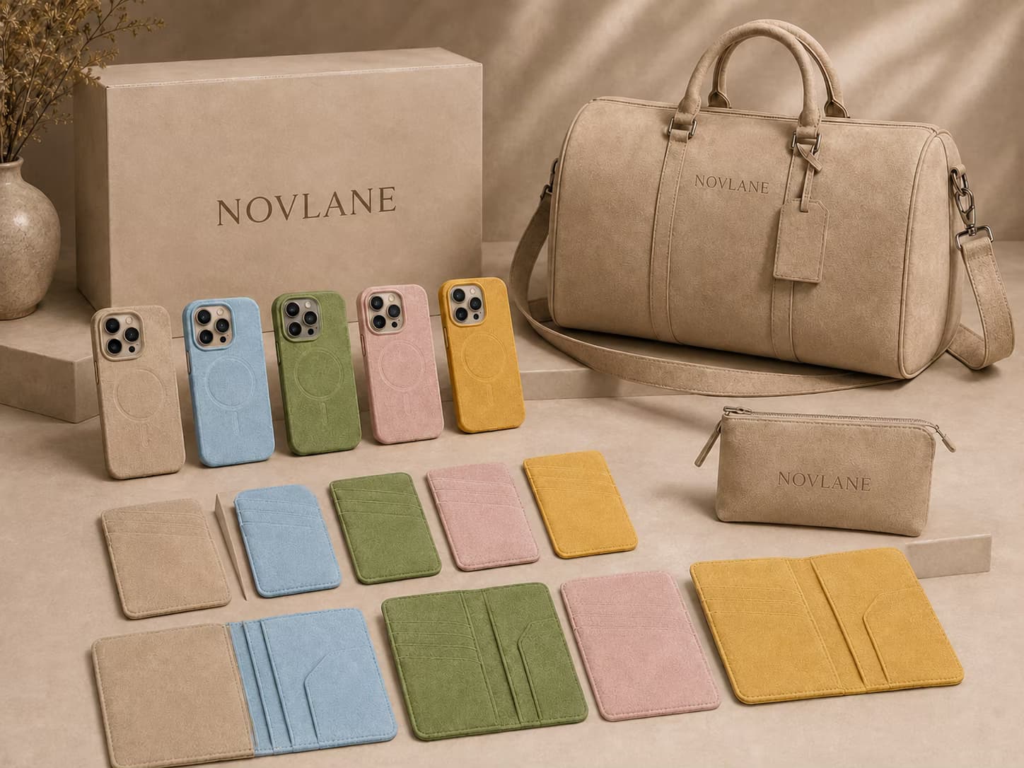 NOVLANE coordinated Alcantara duffle bag, phone case, card holder and pouch collection