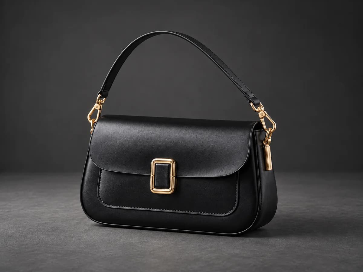 Black shoulder-bag development visualization showing silhouette, strap anchors and gold-tone frame hardware