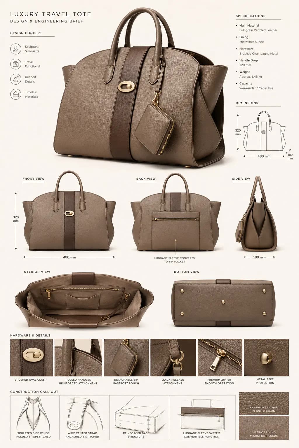 Original AI handbag concept translated into a structured engineering brief