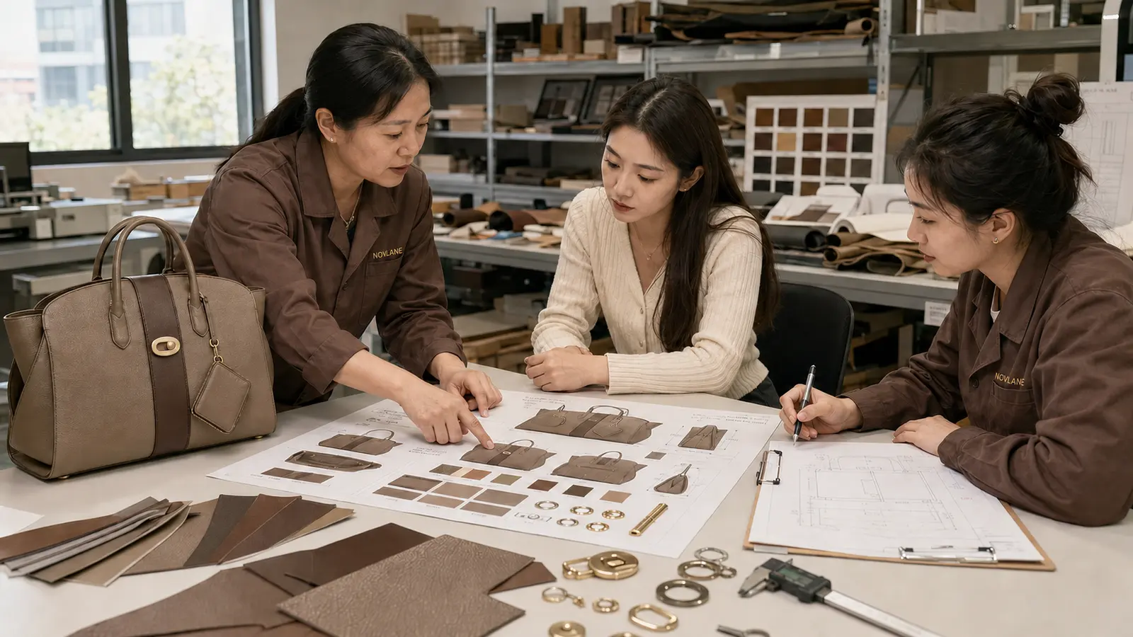 Novlane development team reviewing an original AI handbag concept with materials and hardware