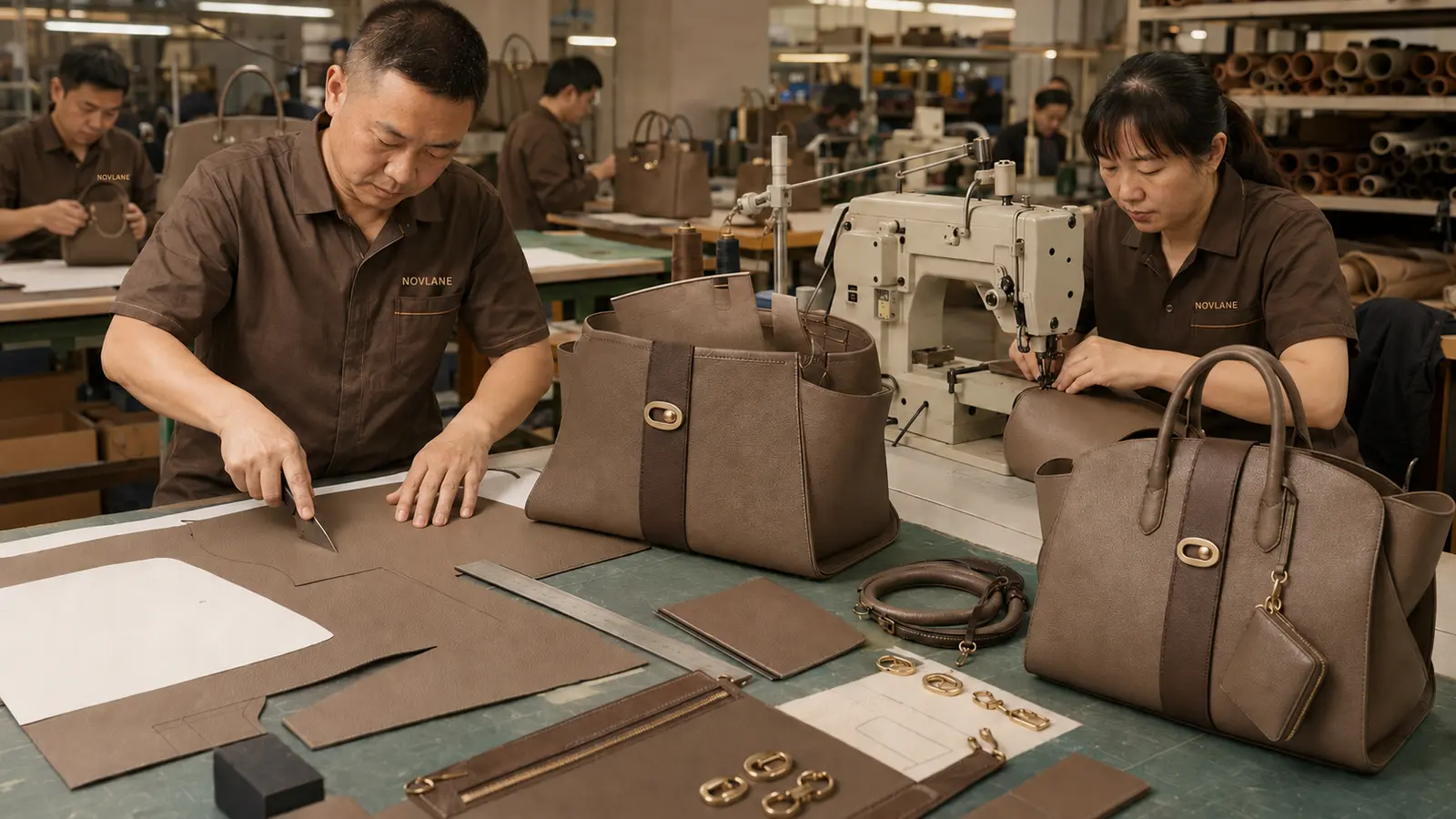 Illustrative pattern cutting and sewing stages for an original handbag prototype