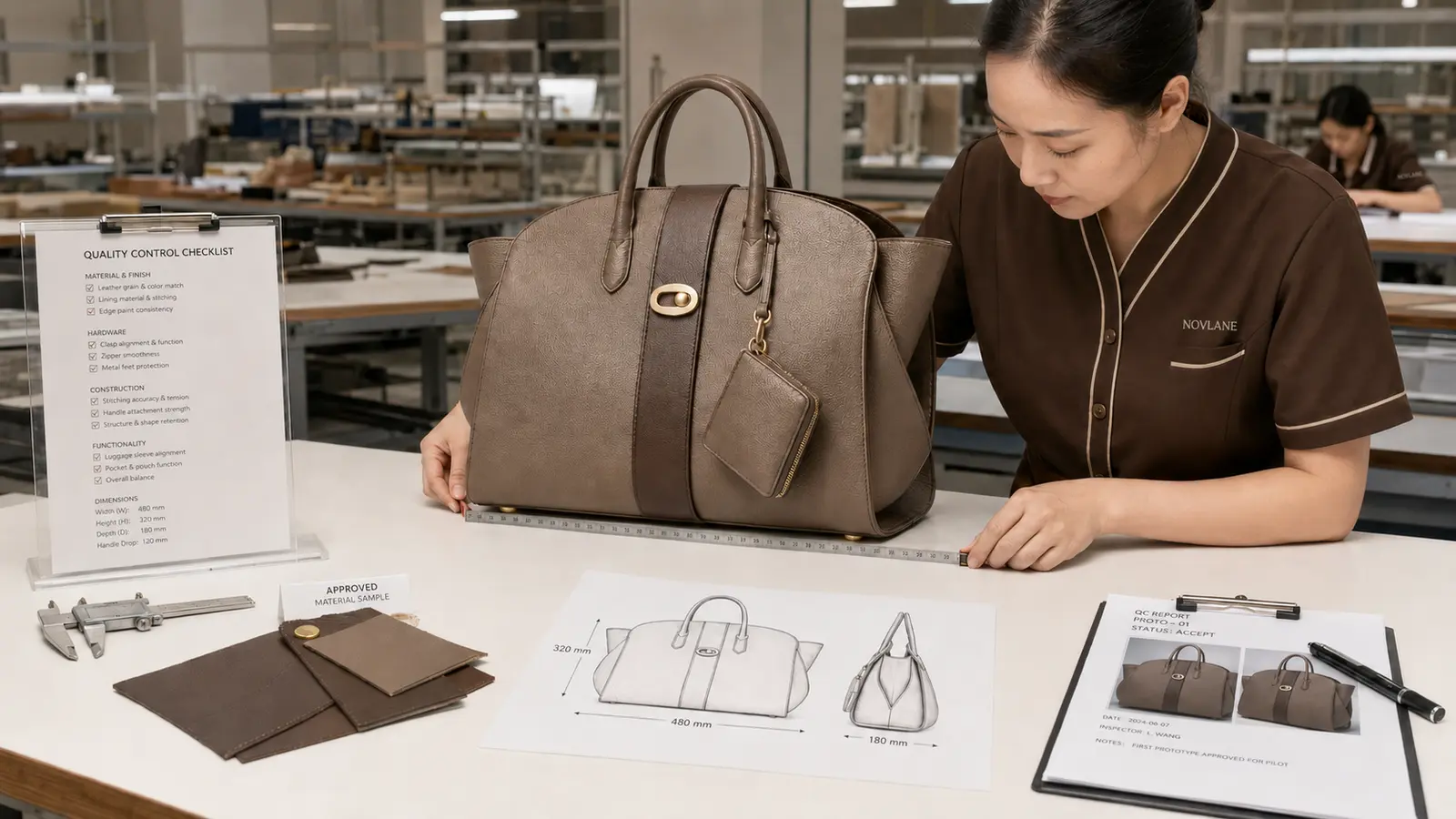 Illustrative quality review of an original handbag prototype against dimensional specifications