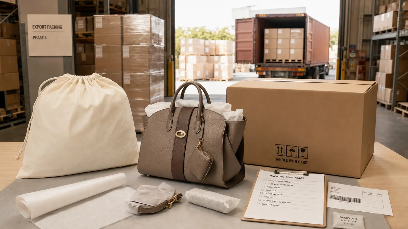 Illustrative protective packing and delivery planning for an original handbag concept
