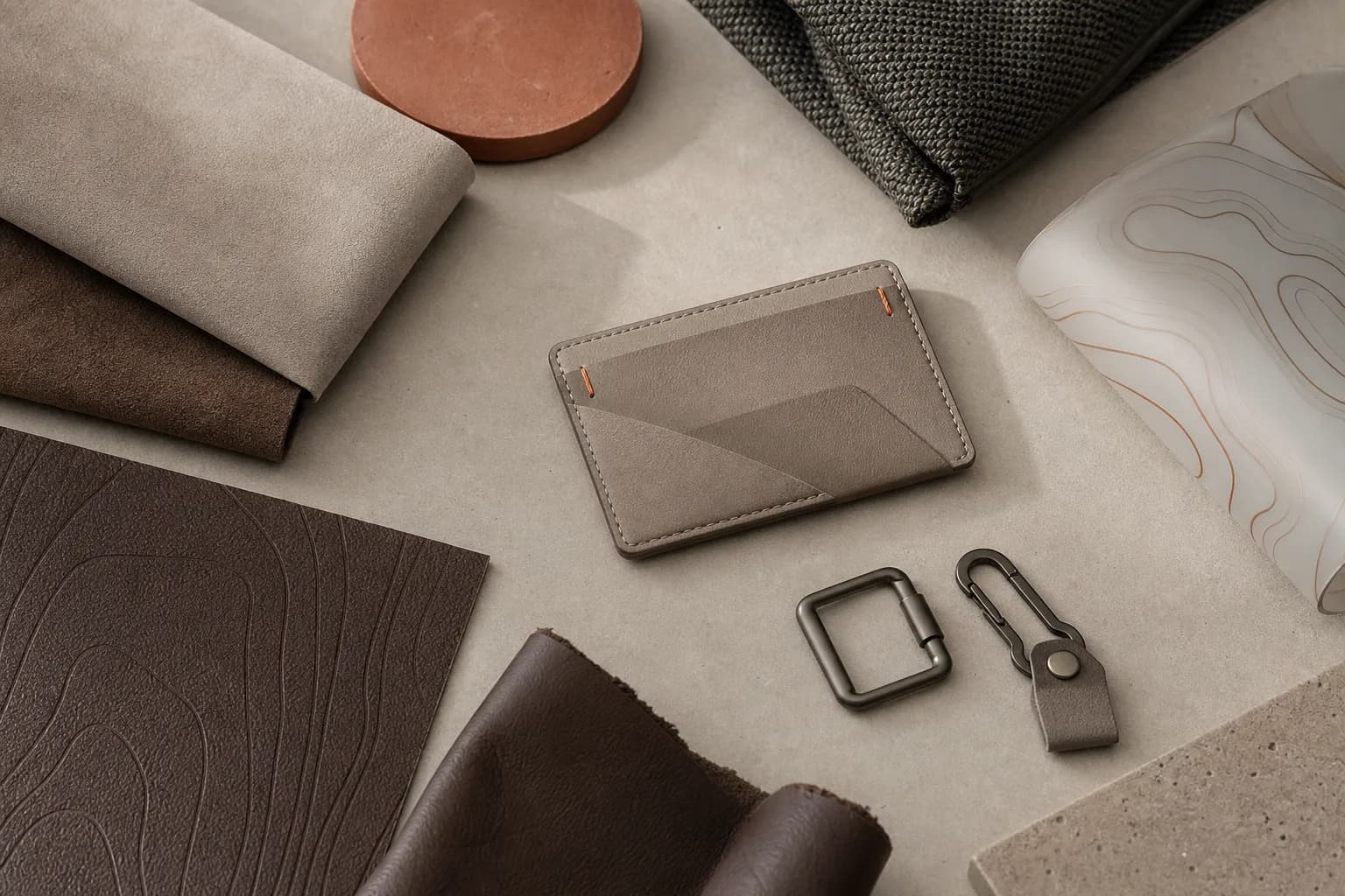 Material swatches and bag components reviewed by NOVLANE