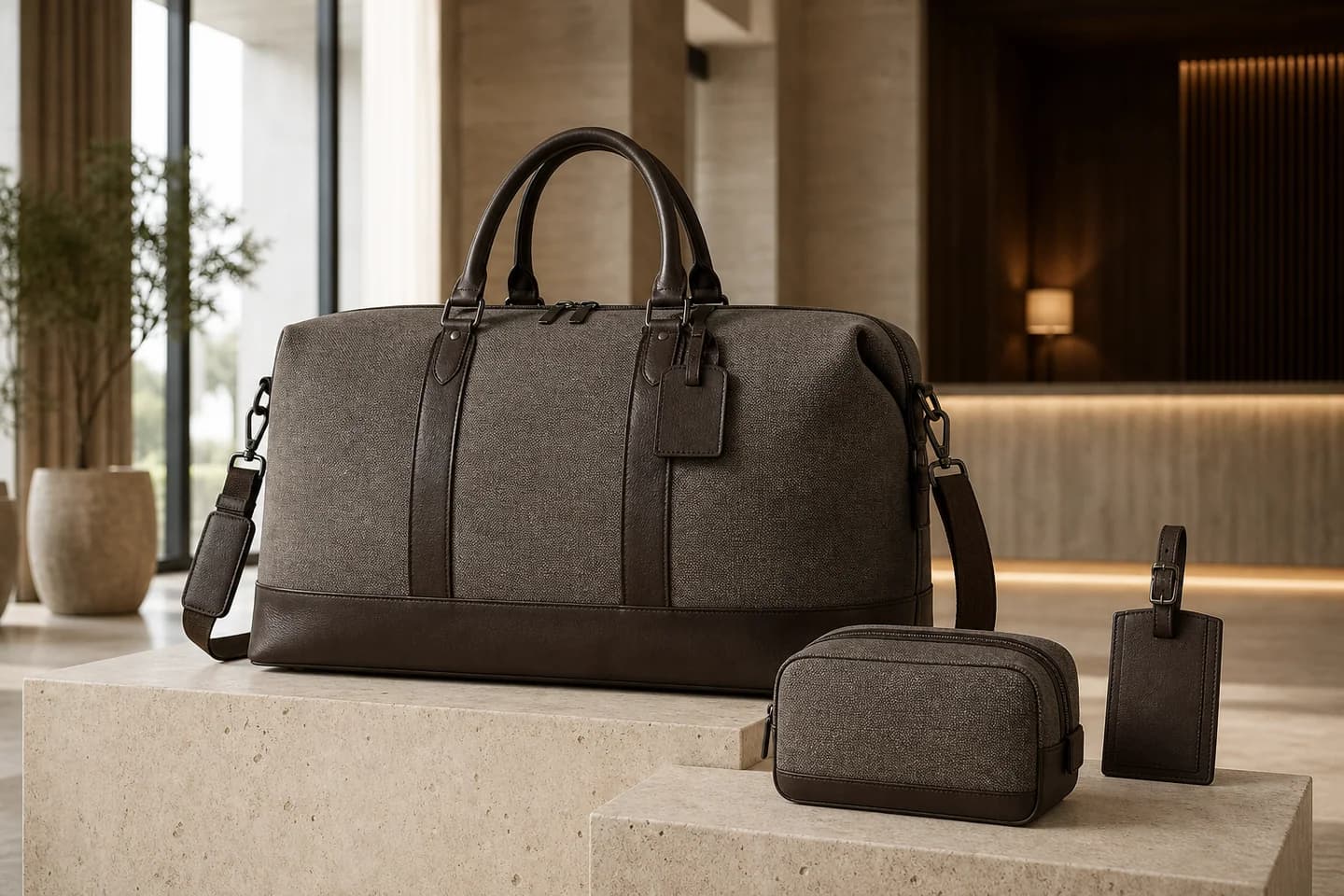 Concept custom weekender duffle bag with coordinated travel pouch and luggage tag