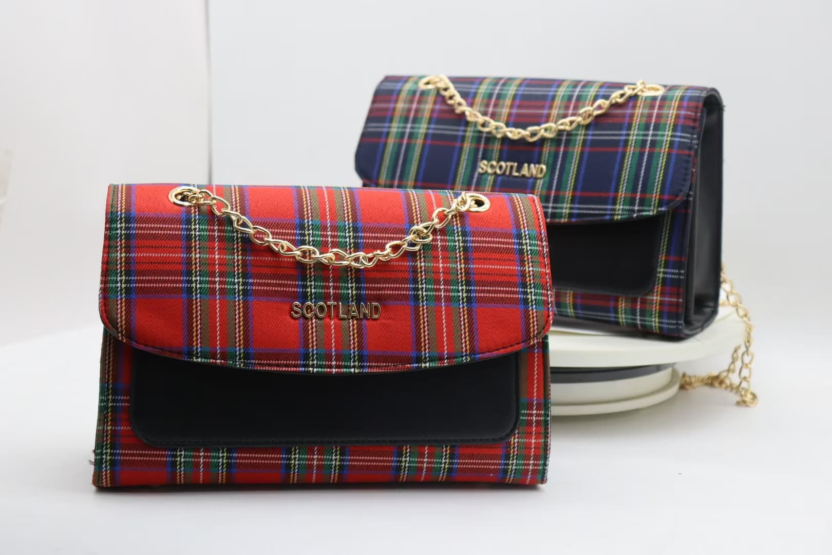 Red and navy tartan crossbody bag colour references