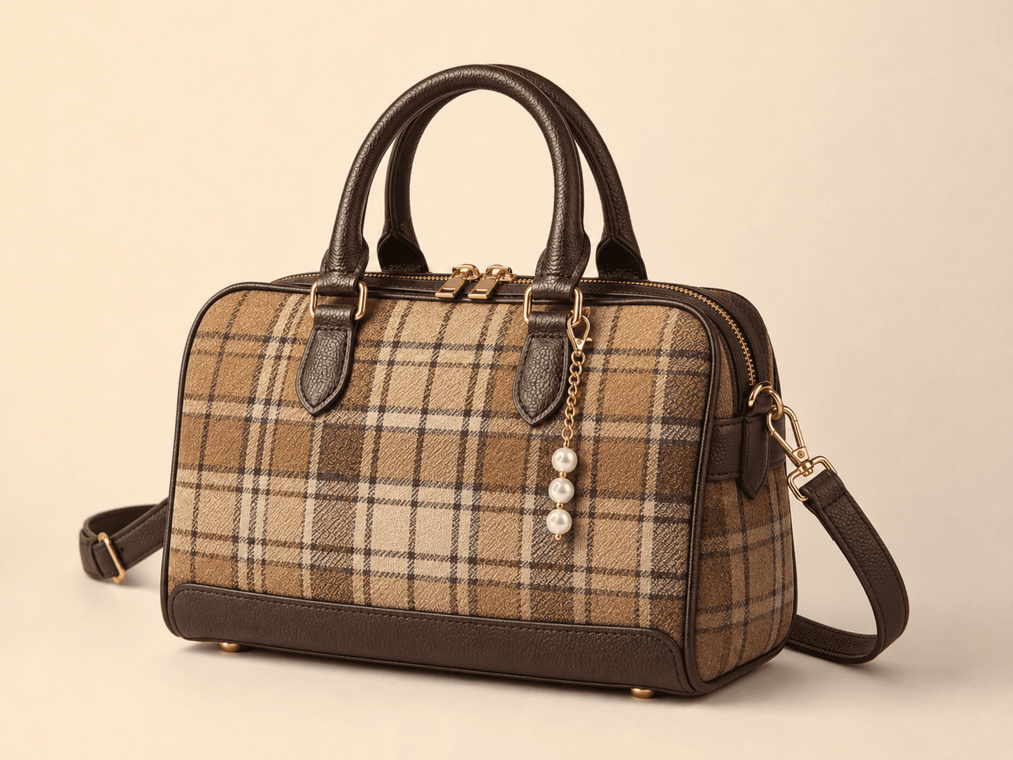 Custom Tartan Bowler Handbag colour camel heritage