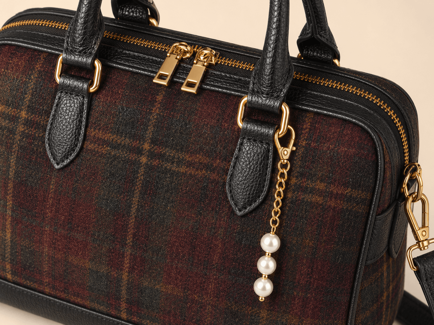 Custom Tartan Bowler Handbag detail zip pearl hardware