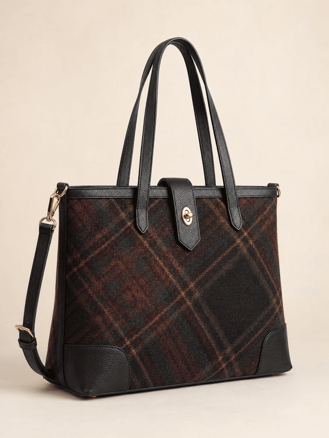 Camel heritage tartan commuter tote bag with long handles