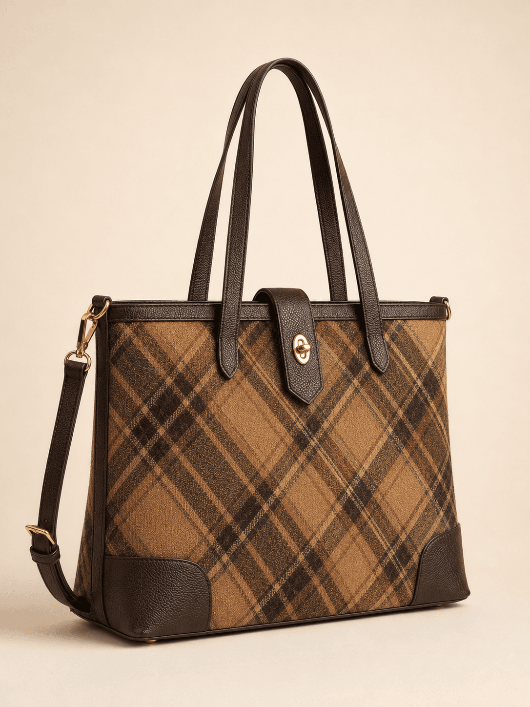 Camel heritage tartan commuter tote bag