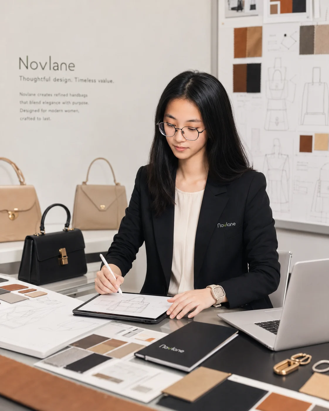 Tonia working with bag sketches and material references in the NOVLANE studio