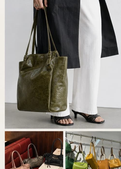 N2613 crinkled oil-waxed Eco PU on a vintage olive tote