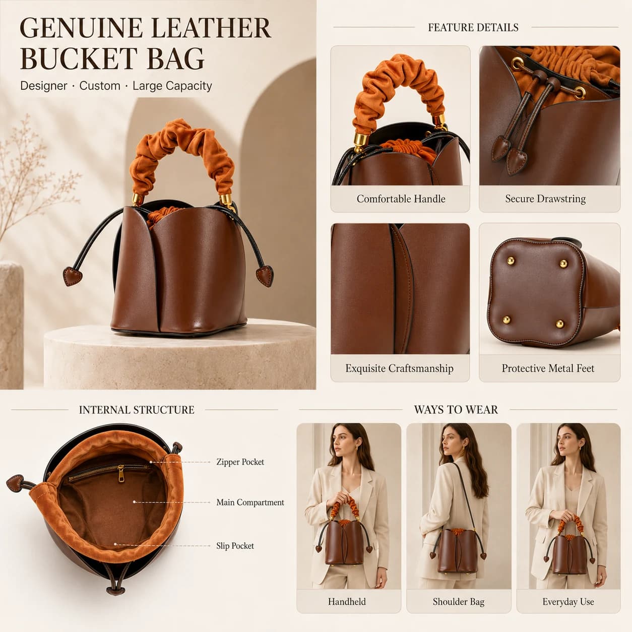 Novlane genuine leather bucket handbag showing leather structure and construction details