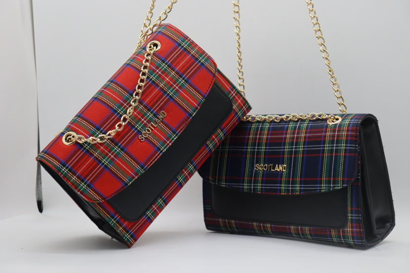 Novlane red and navy tartan crossbody handbags with chain straps